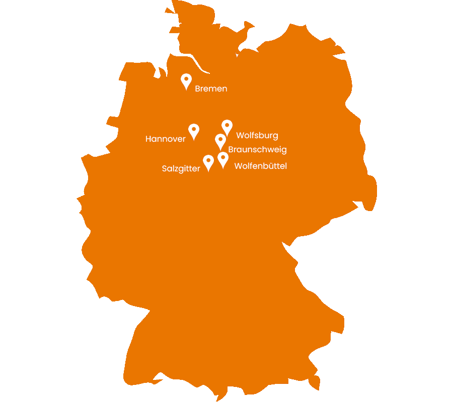 Eine Karte von Deutschland mit den Standorten wo sie unsere Wohnungen finden. Bremen, Hannover, Wolfsburg, Braunschweig, Wolfenbüttel, Salzgitter